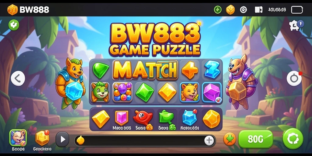 Tampilan gameplay BW888 yang menarik dan penuh warna di Match-3.