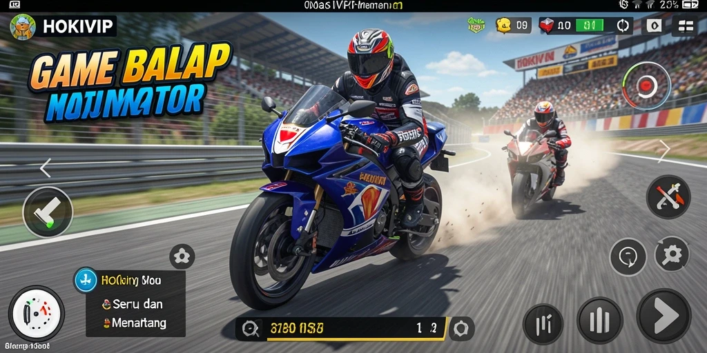 Gameplay seru HOKIVIP dengan balapan motor yang mendebarkan.