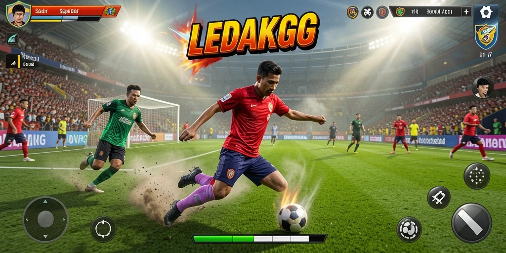 Tampilan gameplay seru saat bermain LEDAKGG di lapangan sepak bola.
