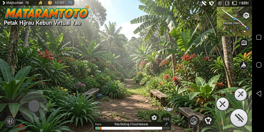 Tampilan gameplay <strong>MATARAMTOTO</strong> yang menggambarkan kebun yang subur dan tanaman yang indah.