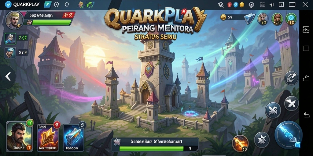 Tampilan menarik dari gameplay Tower Defense QUARKPLAY dengan menara dan musuh.