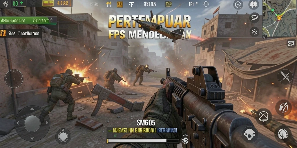 Screenshot gameplay SM605 menampilkan aksi menegangkan di medan perang FPS.