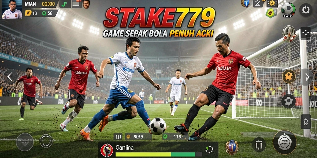Tangkapan layar gameplay menampilkan aksi seru dalam pertandingan sepak bola.